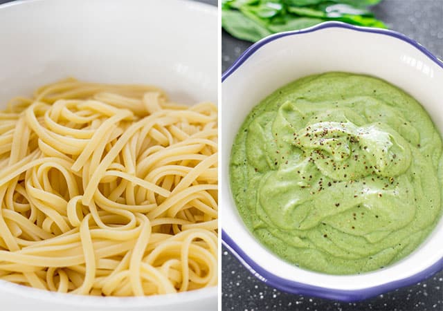 a bowl of cooked fettuccine and a bowl of avocado and spinach pesto