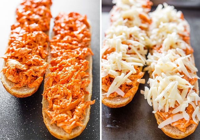 Side by side shot of assembling the Buffalo Chicken French Loaf