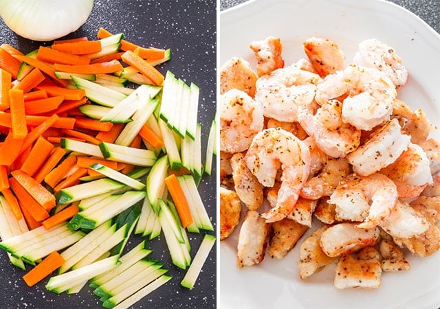 Side by side shots of chopped veggies and shrimp