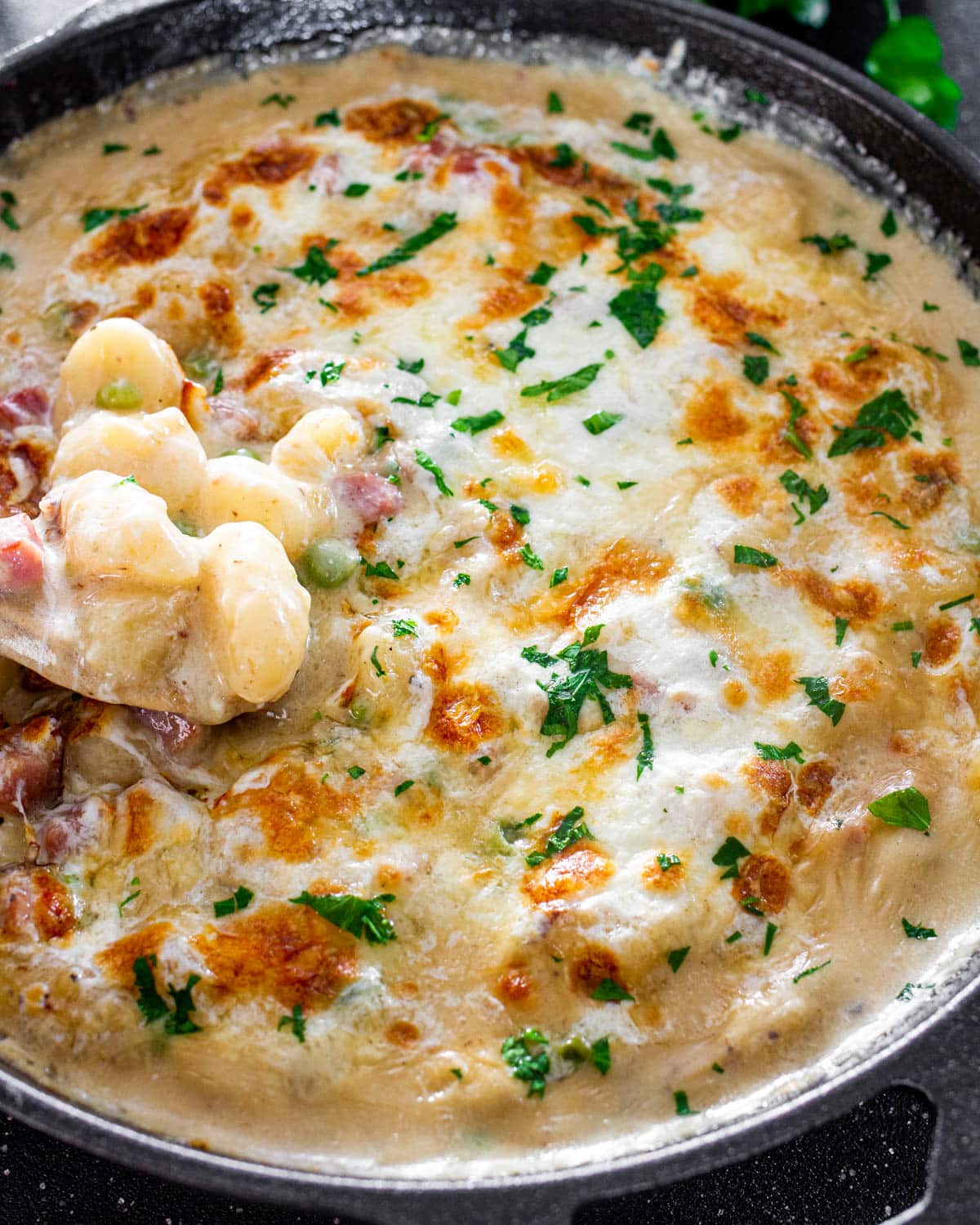 ham and cheese gnocchi in a skillet with a spoon spooning some out