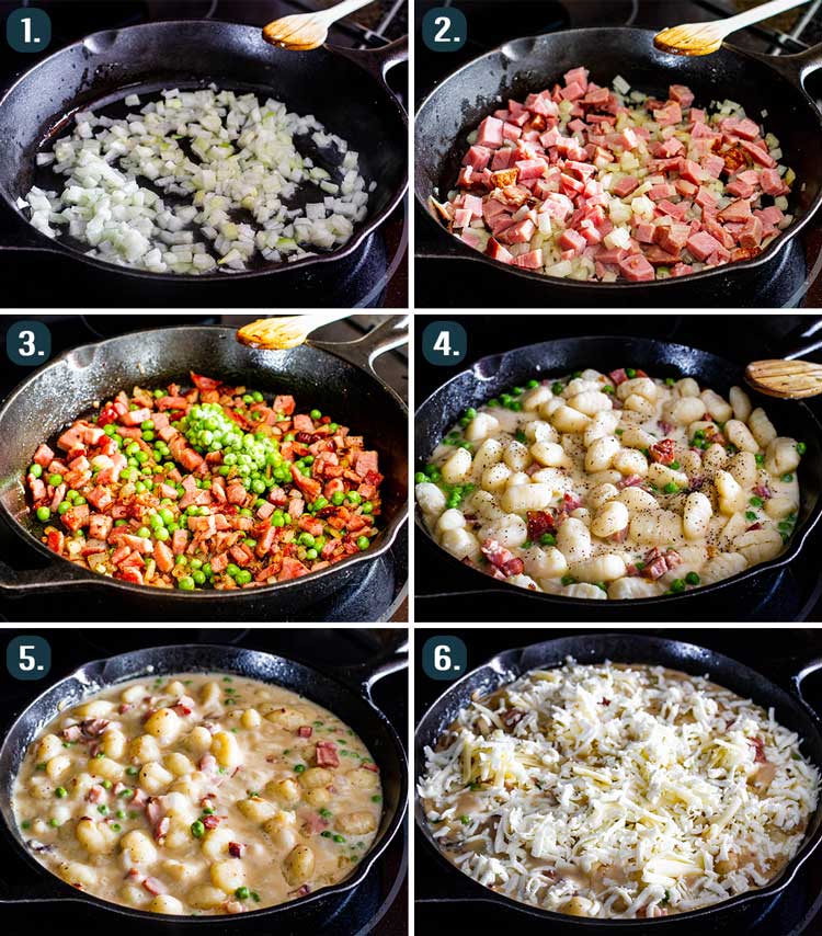 process shots showing how to make ham and cheese gnocchi