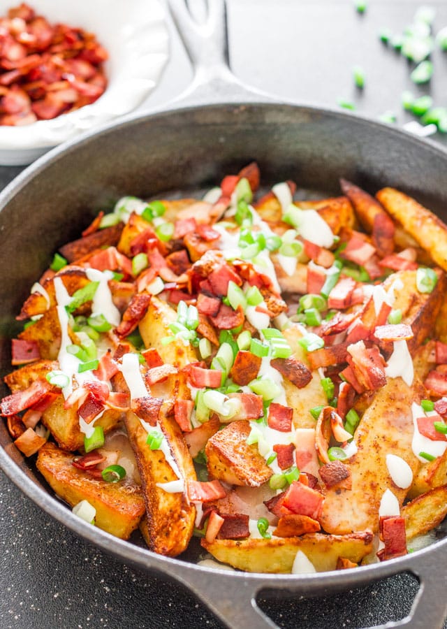 Loaded Pub Fries in a skillet 