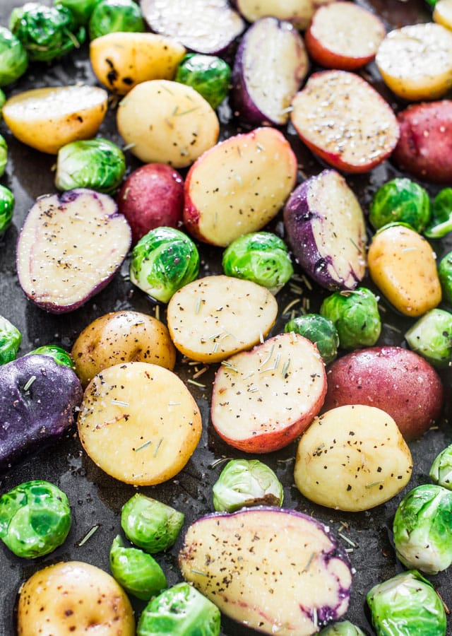 Uncooked Rosemary Balsamic Baby Potatoes and Brussels Sprouts
