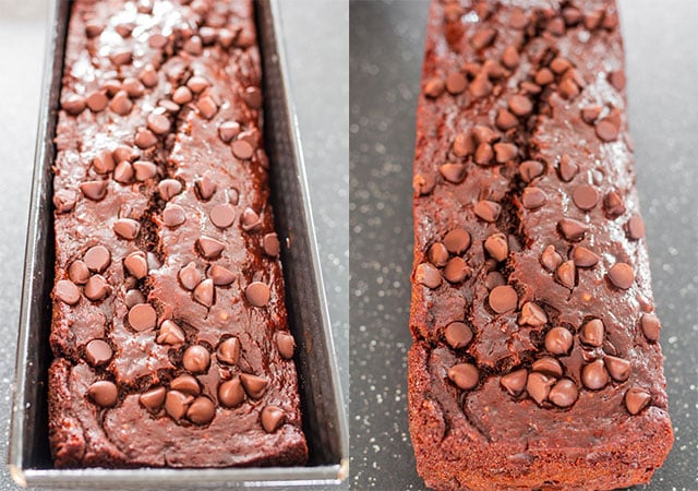 Side by side shots of Skinny Double Chocolate Banana Bread