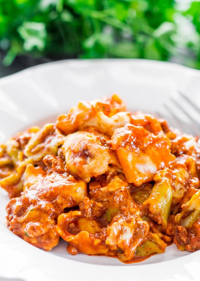 Cheesy Beef Tortellini Enchilada Casserole on a plate 