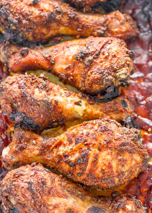 Closeup of sizzling Garlic and Paprika Chicken in a baking dish