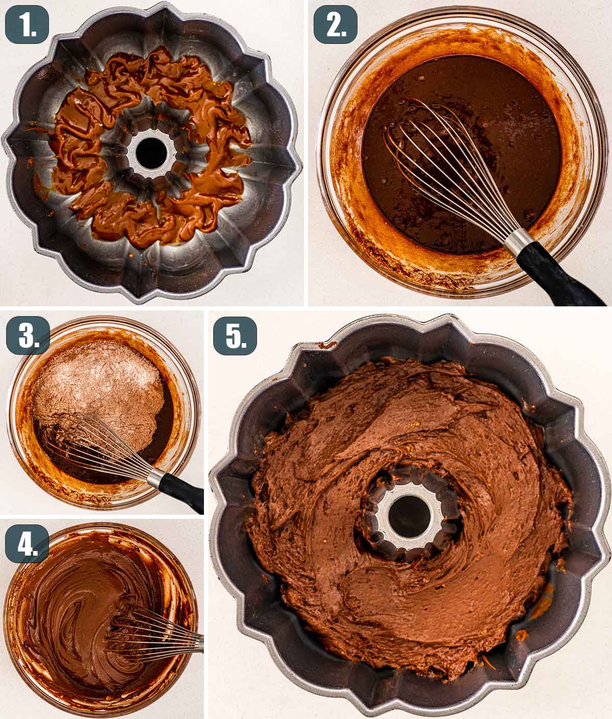 process shots showing how to make chocolate batter for magic flan cake.