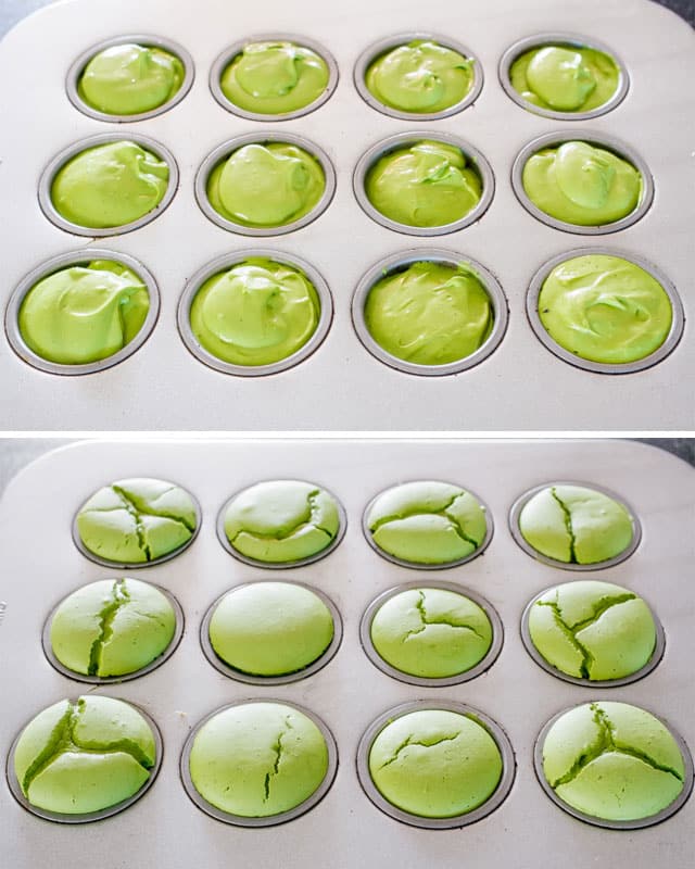 before an after baking matcha mini cheesecakes in a mini cheesecake pan