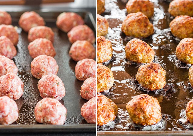 a baking sheet lined with meatballs