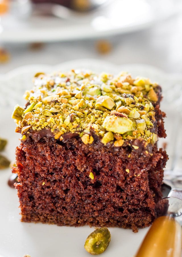 A piece of Salted Texas Chocolate Sheet Cake with Pistachios
