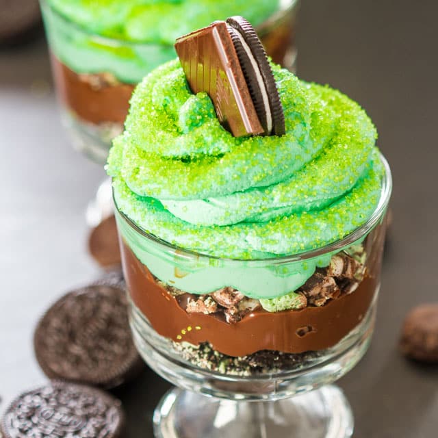 Mint Chocolate Oreo Cookie Trifle topped with an oreo cookie and chocolate square