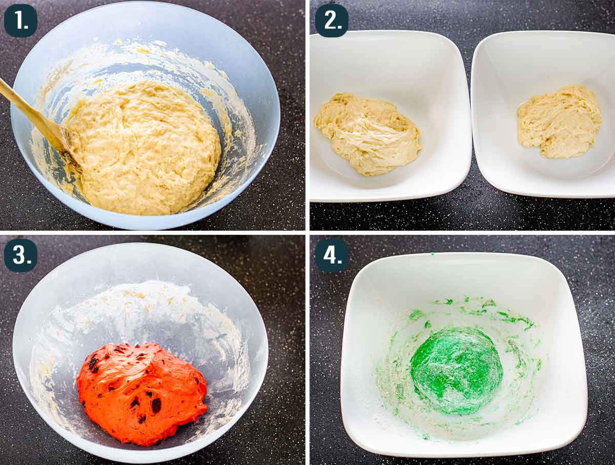 process shots showing how to make the 3 different colors of dough needed for watermelon bread