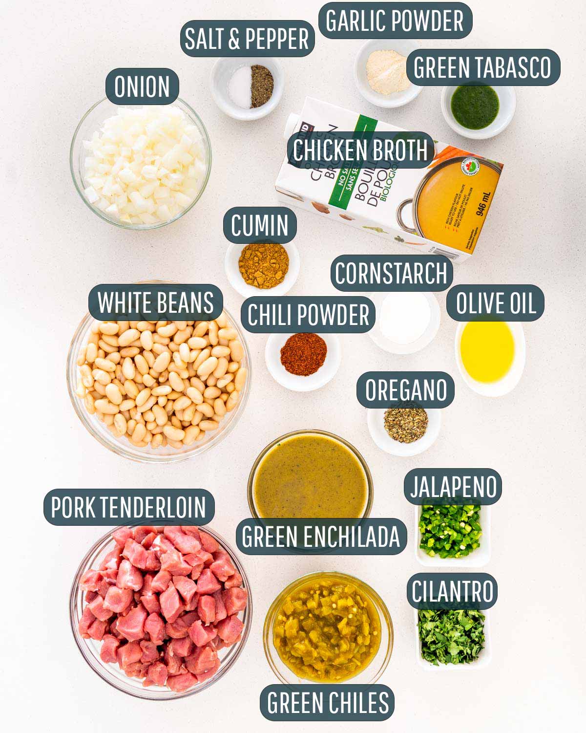 ingredients needed to make chili verde with white beans and pork.