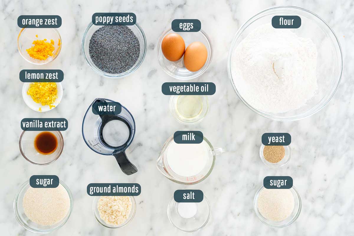 overhead shot of all ingredients needed to make a poppy seed roll