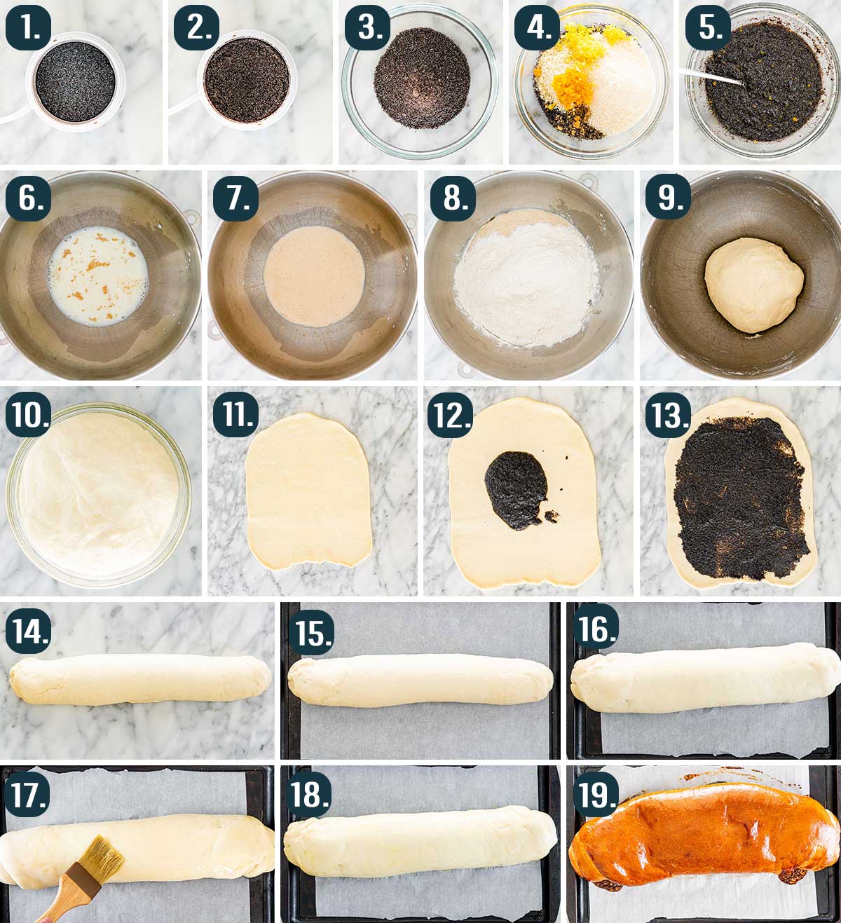 process shots showing how to make a poppy seed roll