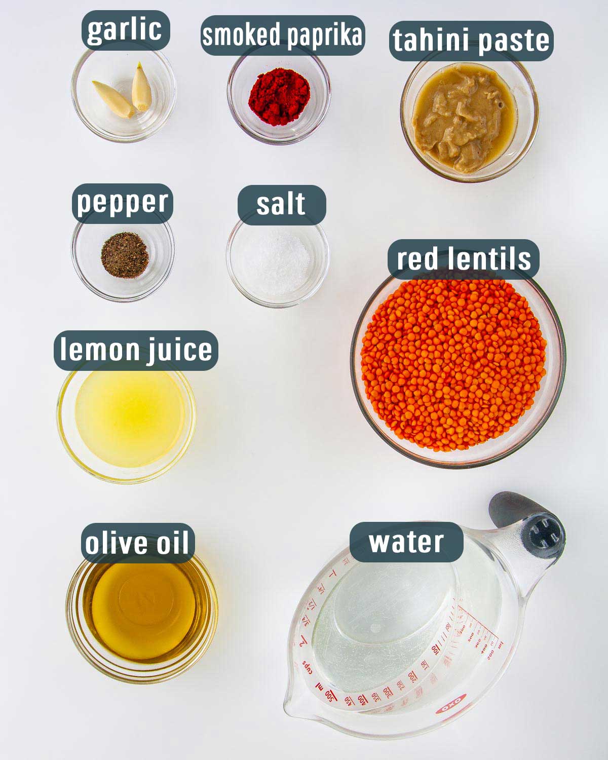 overhead shot of ingredients needed to make red lentil hummus.