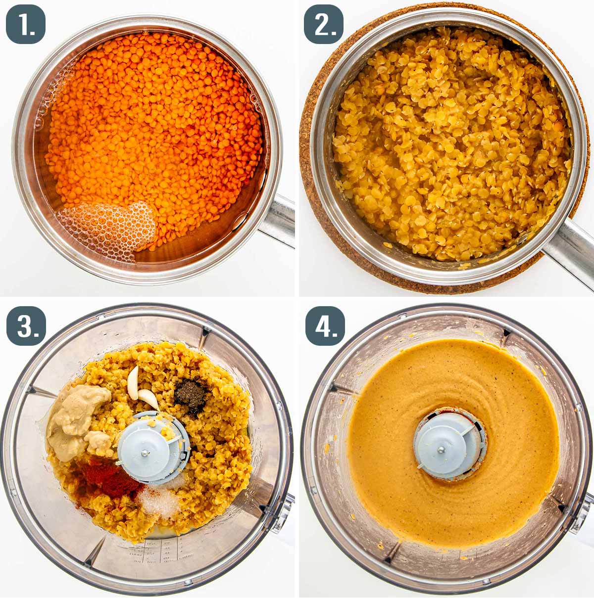 detailed process shots showing how to make red lentil hummus.