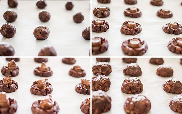 Collage of process shots showing how to make Salted Rolo and Nutella Stuffed Double Chocolate Cookies