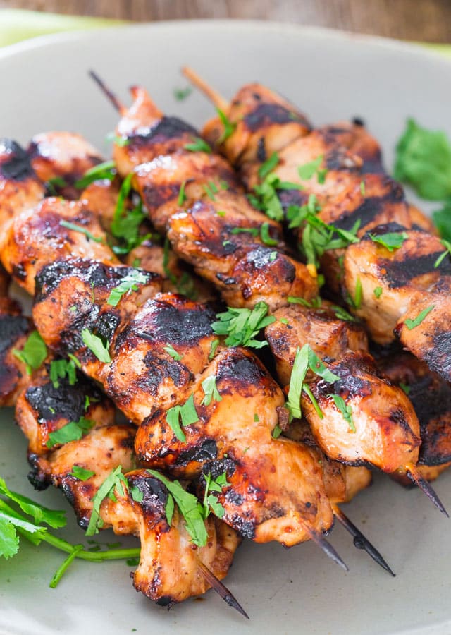 Beer and Honey BBQ Chicken Skewers on a plate