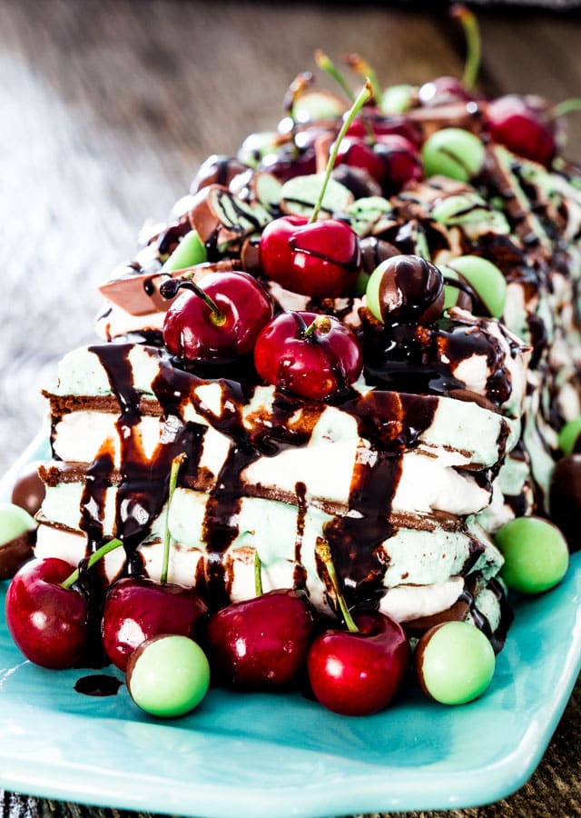 Chocolate Mint and Cherry Ice Dream Cake Topped with chocolate sauce and cherries