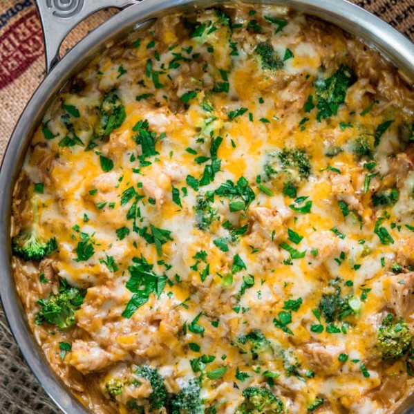 overhead shot of chicken broccoli and rice casserole in a pot