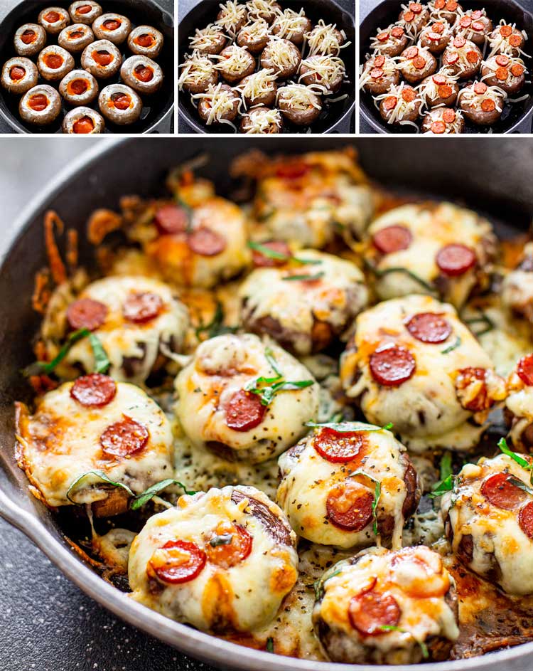 process shots showing how to make pizza stuffed mushrooms