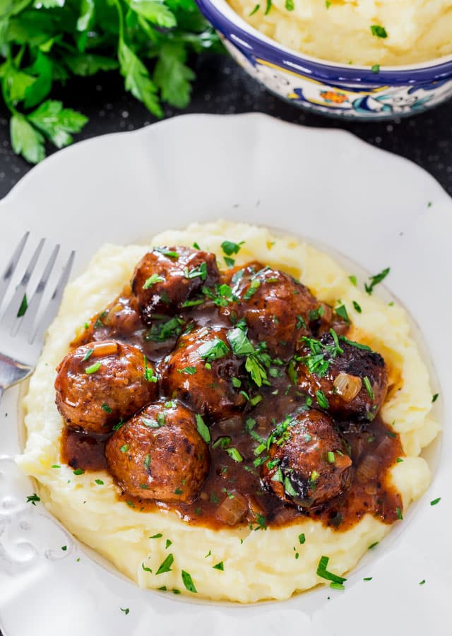 salisbury steak meatballs with gravy and mashed potatoes, see more at http://homemaderecipes.com/cooking-101/14-homemade-dinner-ideas/