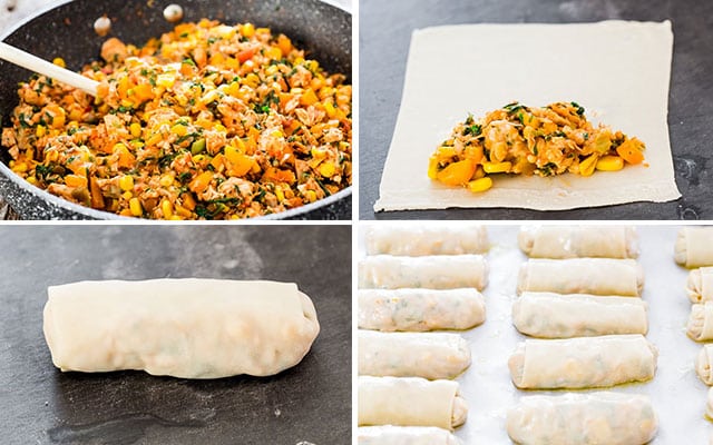 process shots showing how to make mexican chicken egg rolls