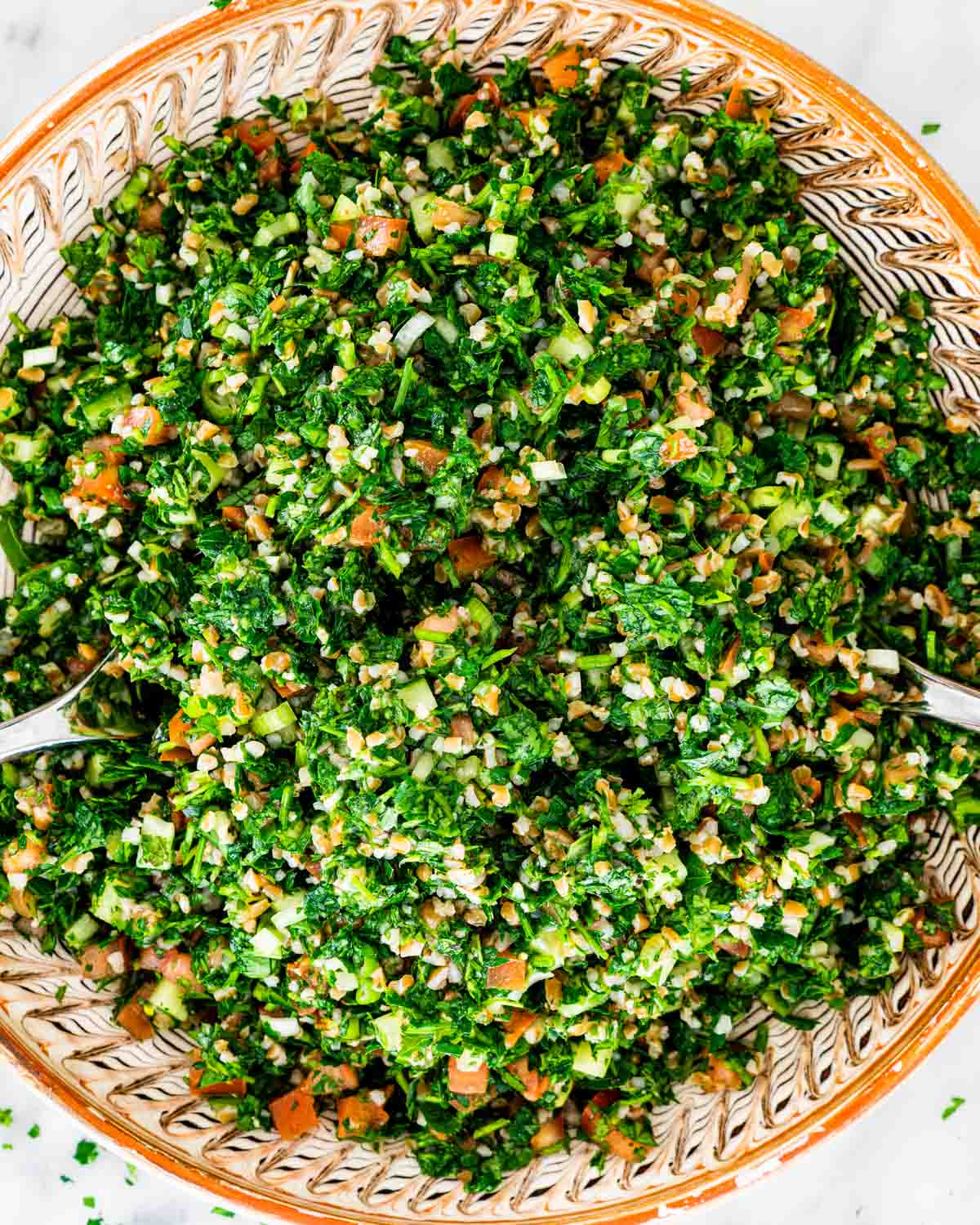 overhead shot of tabouli salad in a plate 