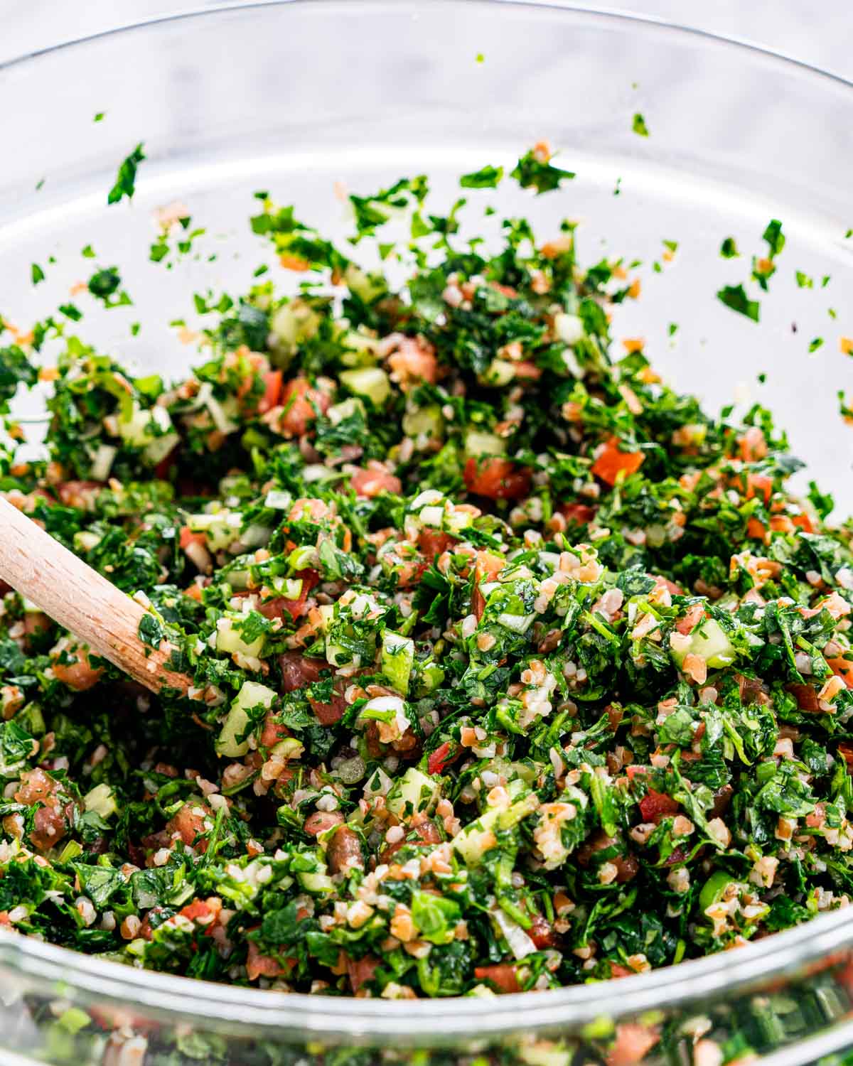 tabbouleh salad in a glass bowl 