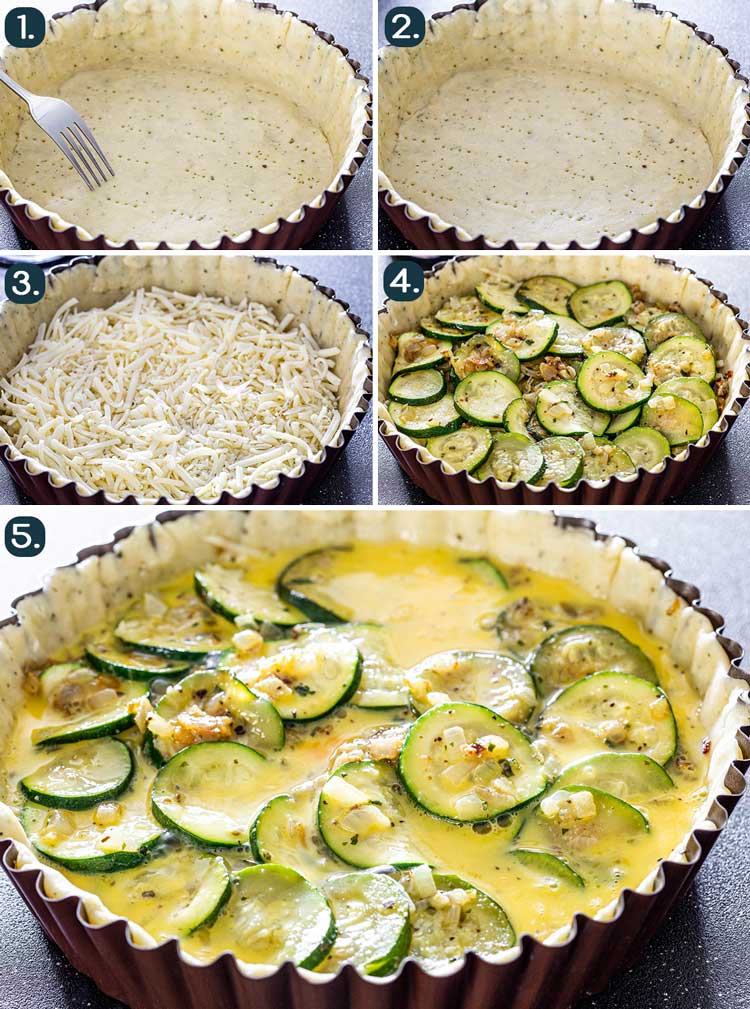 process shots showing how to make zucchini quiche