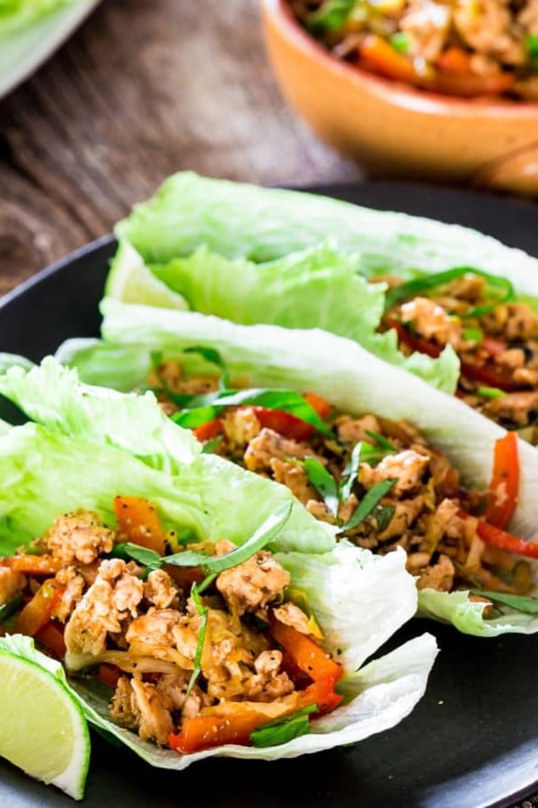 thai chicken lettuce wraps on a plate