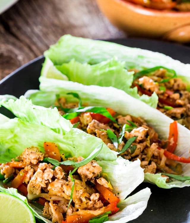 thai chicken lettuce wraps on a plate