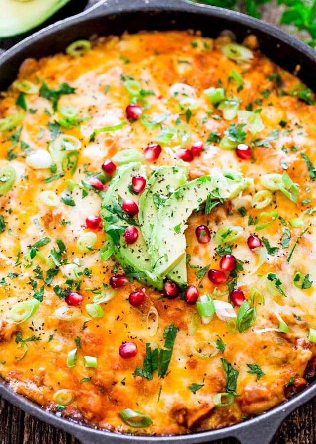 Chicken Tamale Casserole in a Skillet fresh out of the oven