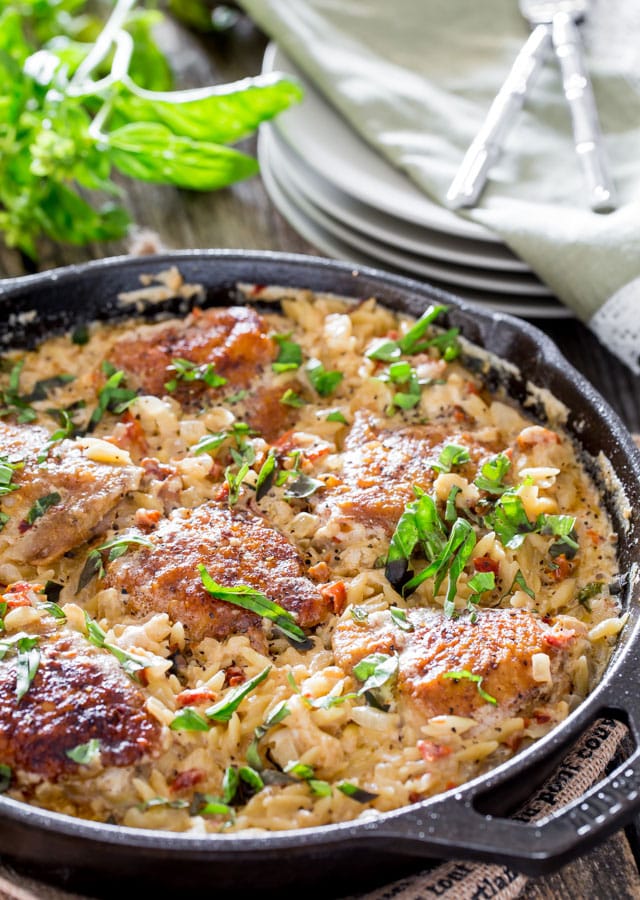 one pot chicken and orzo in a skillet