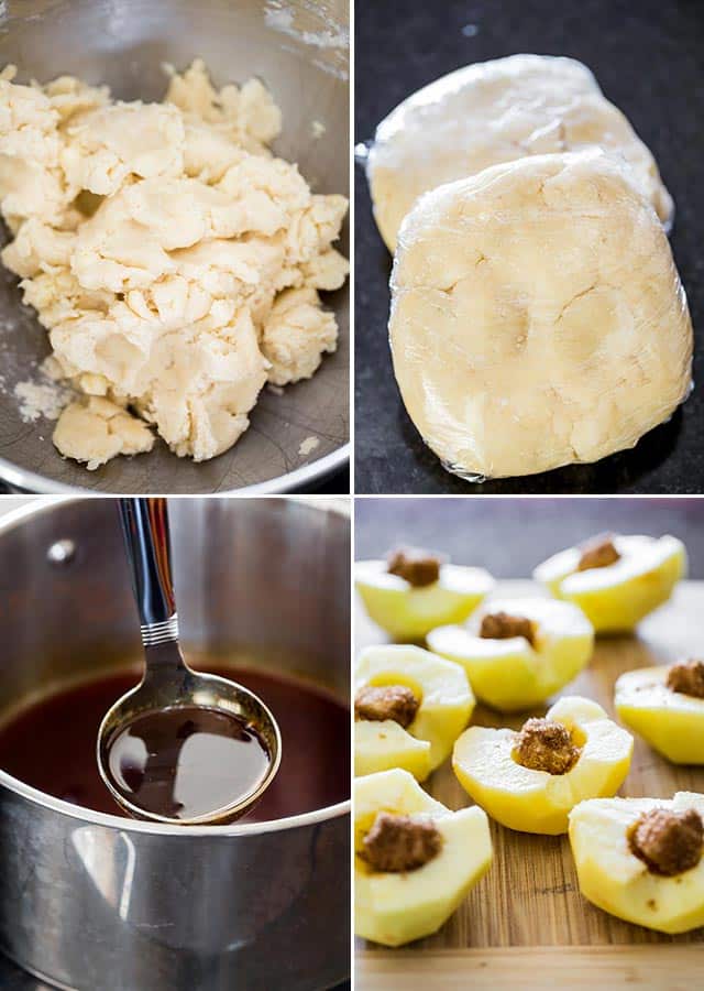 process shots showing how to make dough for apple dumplings, the syrup and how to stuff the apples