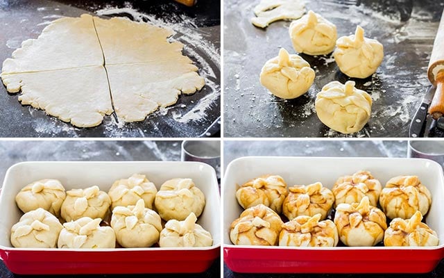 process shots showing how to assemble apple dumplings