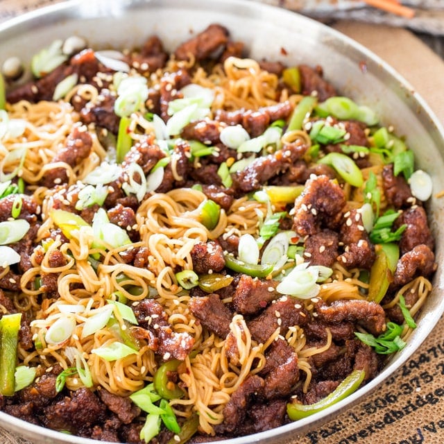 Mongolian Beef Ramen Noodles in a skillet