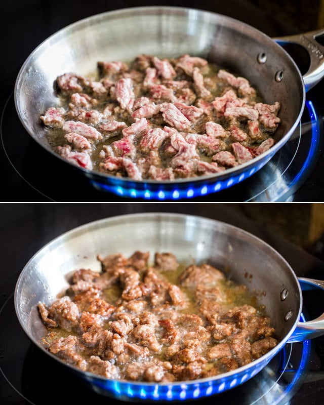 process shots of cooking mongolian beef in a skillet
