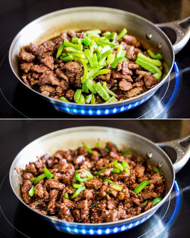 process shots of cooking mongolian beef in a skillet with bell peppers