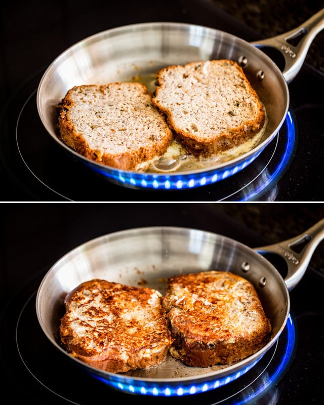 Banana Bread French Toast being fried in a skillet
