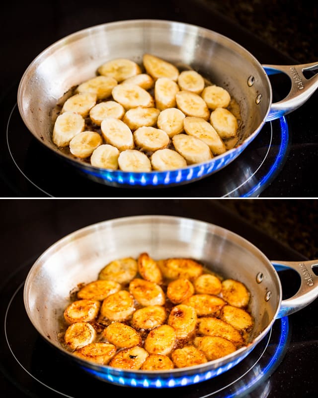caramelizing bananas in a skillet
