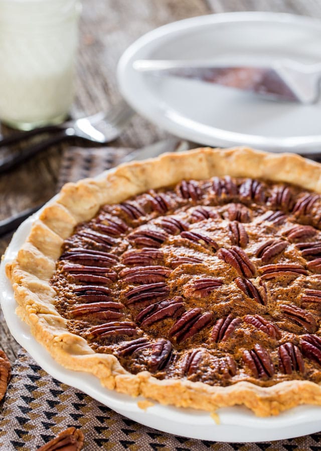 a freshly baked whole bourbon pecan pie