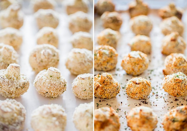 Parmesan Garlic Breaded Mushrooms before and after baking