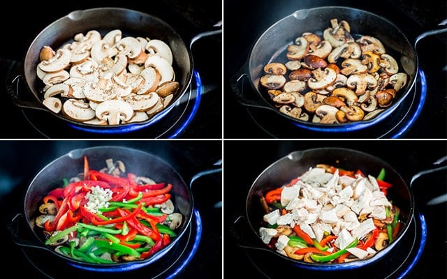 process of cooking veggies and chicken in a black skillet