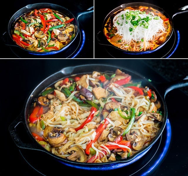 Spicy Thai Chicken and Veggie Noodles cooking in a skillet