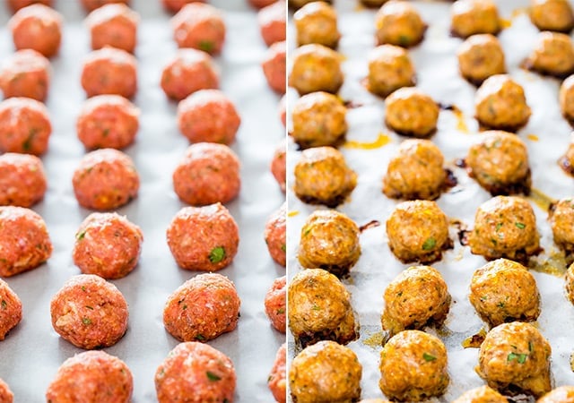 Cajun Meatballs on a baking sheet before and after cooking