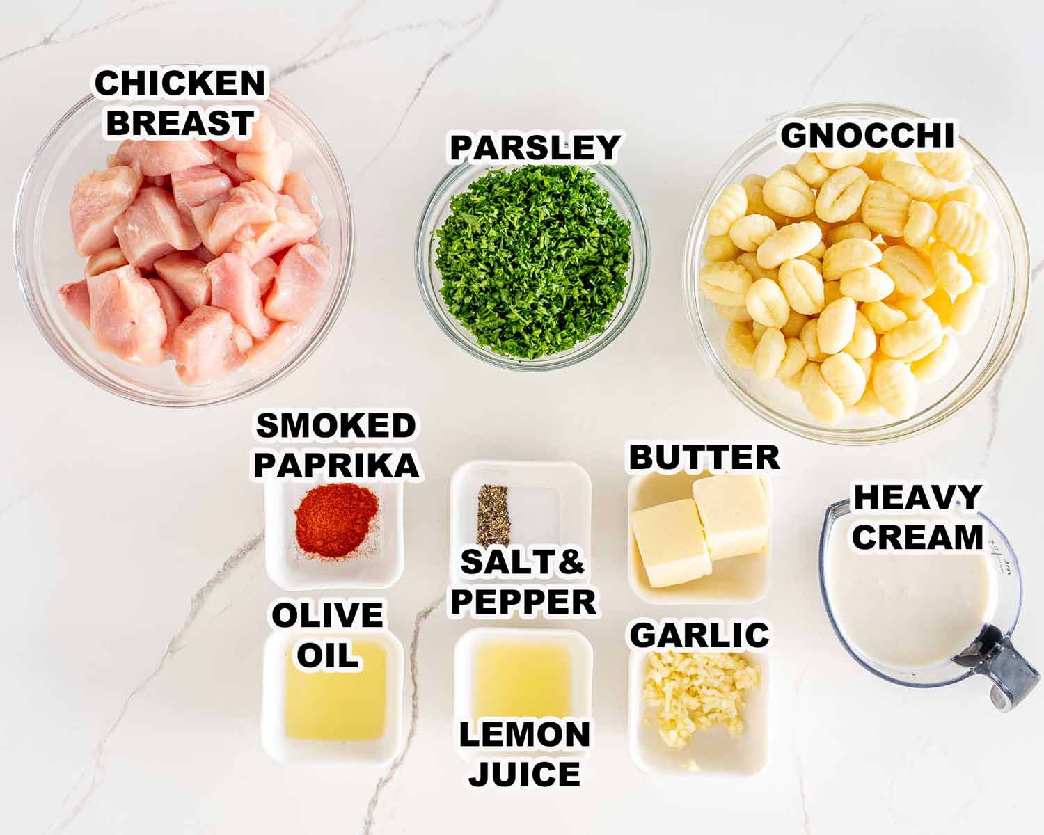 ingredients needed to make garlic butter chicken gnocchi.