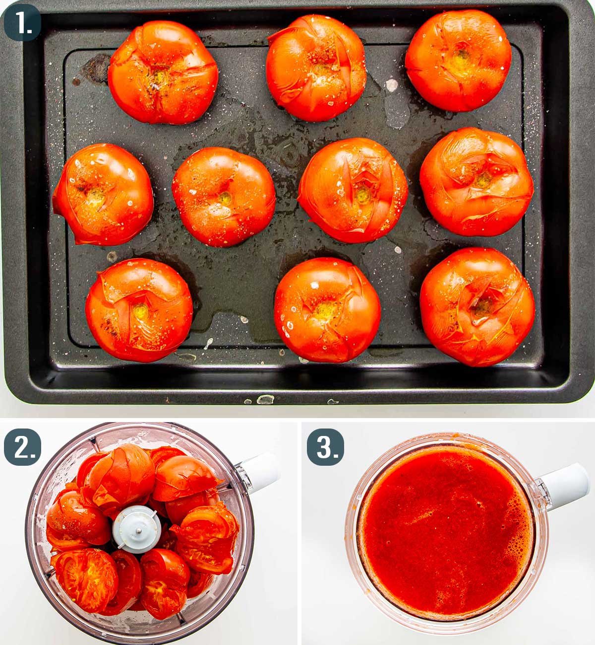 process shots showing how to roast and puree tomatoes.