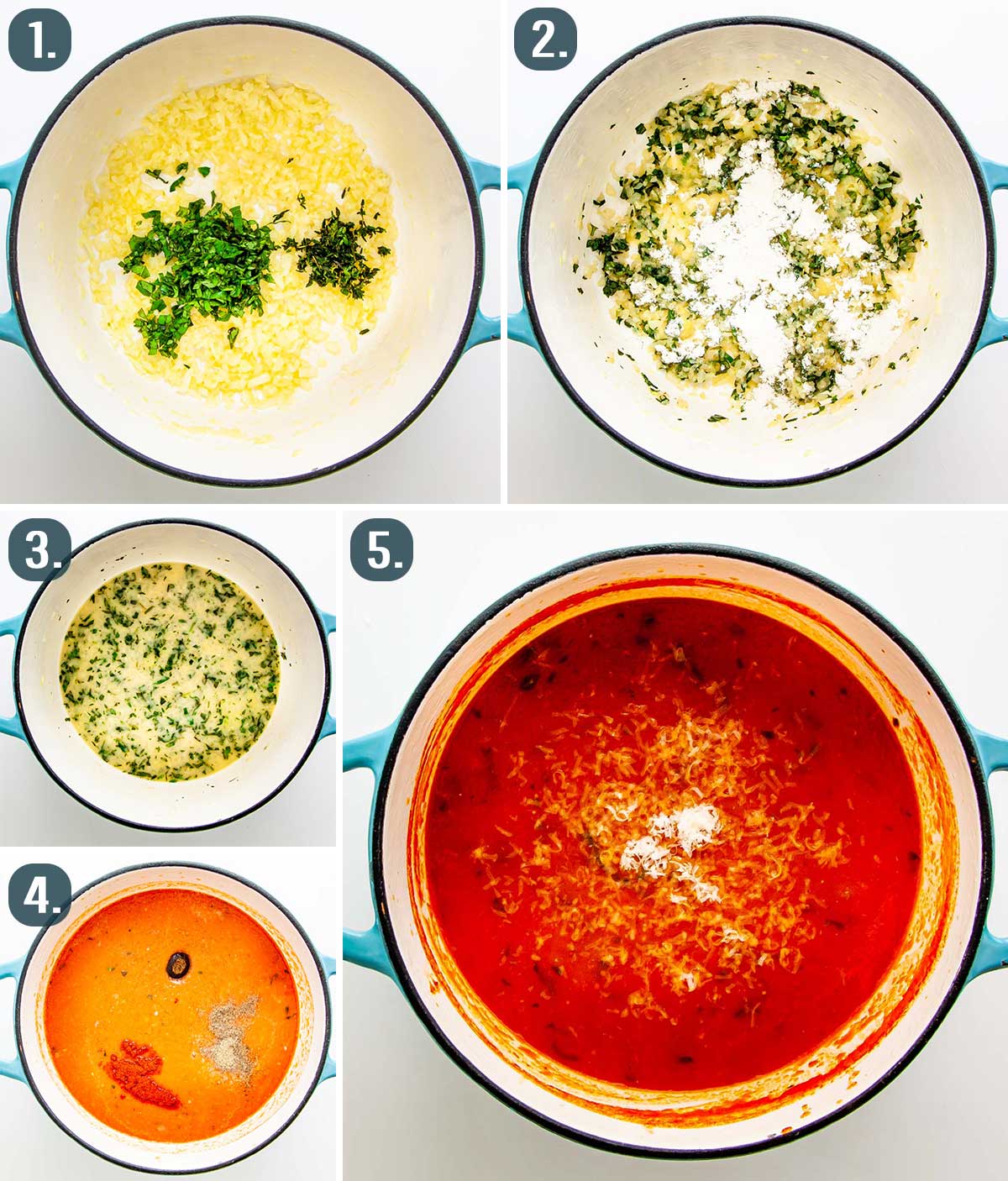 detailed process shots showing how to make roasted tomato soup.